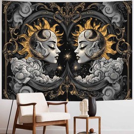 FENDROM Trippy Face Tapestry Vintage Burning Sun and Moon Psychedelic Tapestry Hippie Celestial Clounds Aesthetic Wall Hanging for Bedroom Living Room Dorm