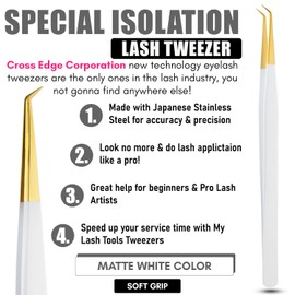My Lash Tools Eyelash Extension Curved Degree Tweezers for Isolation Lash Extensions 14cm Best for Individual Isolation & Classic Lashes Japanese Stainless Steel Eyelash Twisers (Matte White Gold Tip)