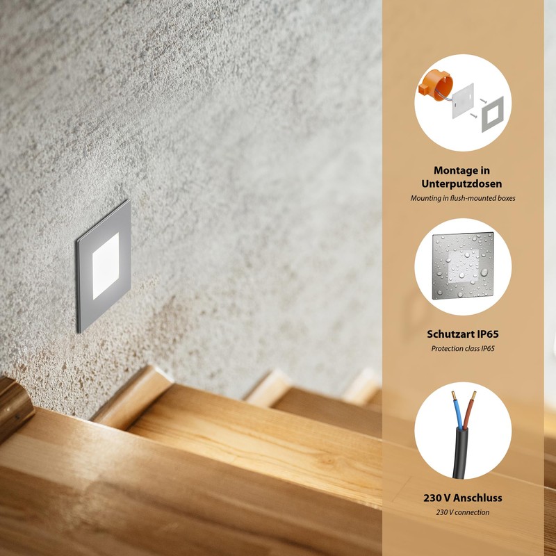 ledscom.de LED stair light, FEX stair lighting, square, 8.5 x