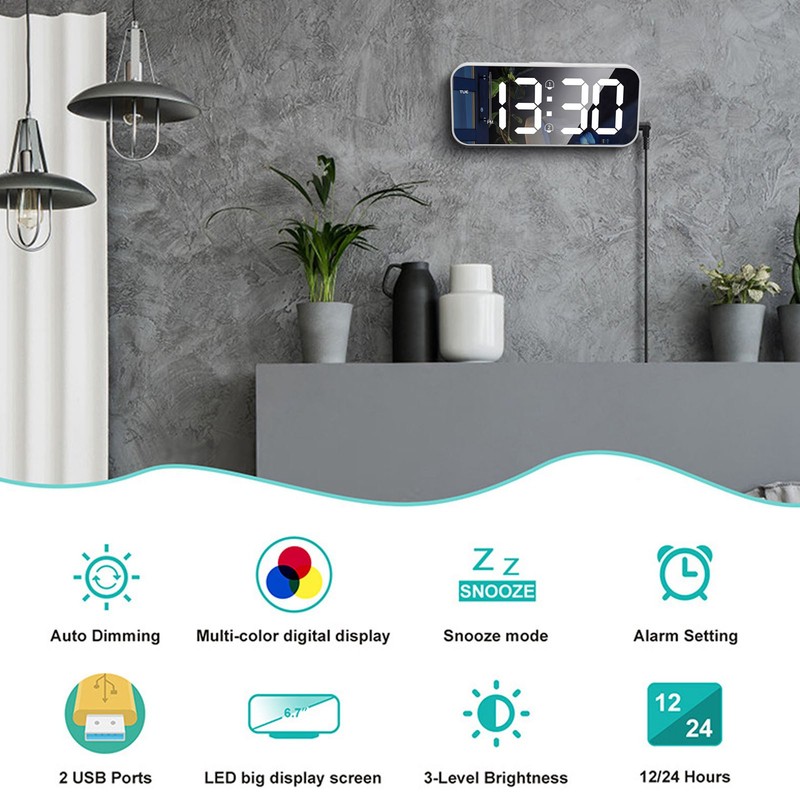 LED Mirror Electronic Clock Adjustable Brightness 6.7 Inch HD Digital