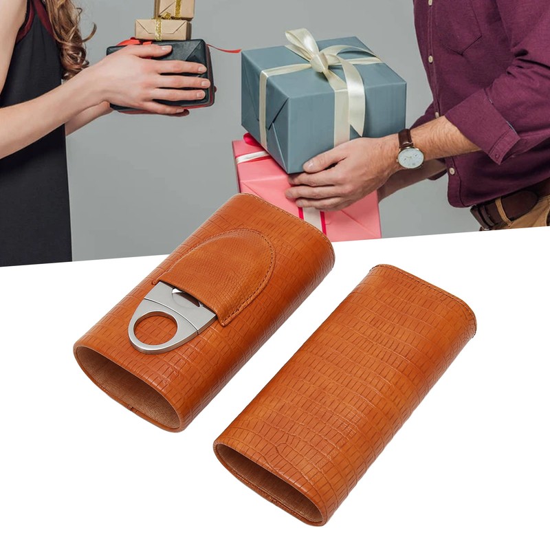 Cigar Case 3 Finger Cedar Wood Lining Portable Faux Leather