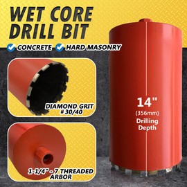 7" Wet Drill Core Bits for Concrete and Hard Masonry, 10mm Segment Height, 14" Drilling Depth, 1-1/4"-7 Arbor, Wet Only