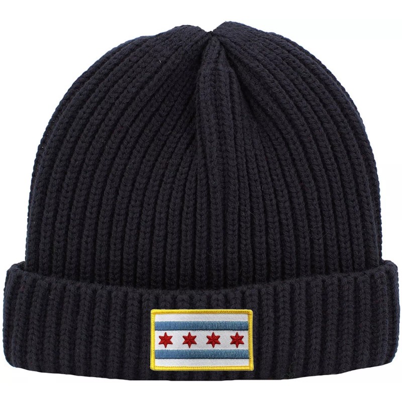 Peerless Embroidery Chicago Flag Patch Gold Border Cuffed Ribbed Beanie