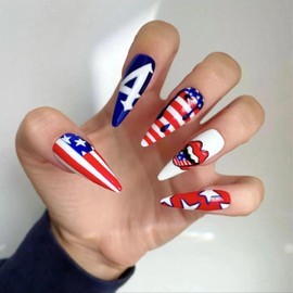 24 Pcs 4th of July Press on Nails Long Almond Fake Nails American Flag Design Glue on Nails Pattern Full Cover False Nails Nude Patriotic Stick on Nails for Independence Day Manicure Tips