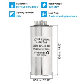 PATIKIL 80/7.5uF 80+7.5MFD 370-440V AC Capacitor, 1Pcs CBB65 Motor Start Capacitors Dual Round Run Capacitor for Air Conditioner or Heat Pump Condenser Straight Cool