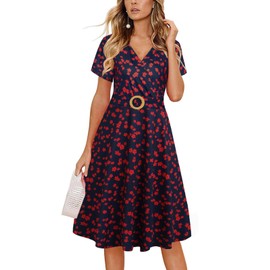 Knee Length Dress for Women Elegant Criss-Cross V Neck Church 50s Floral Print Cocktail Tea Fit and Flare Dresses with Pockets 980 Navy Red L