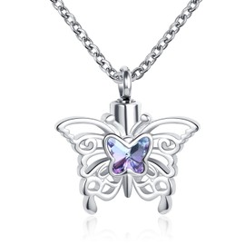QeenseKc Crystal Butterfly Cremation Urn Necklace for Ashes Animal Stainless Steel Memorial Urn Pendant Ash Holder Keepsake Gift