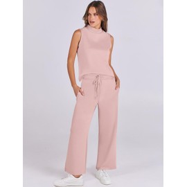 ANRABESS Women 2 Piece Outfits Summer Lounge Sets Mock Neck Top Wide Leg Pants Casual Fashion Tracksuit 2024 Travel Clothes Light Pink Medium