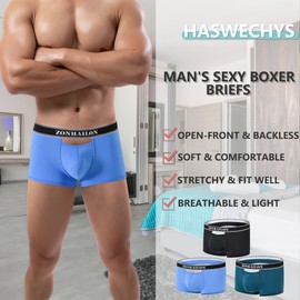HASWECHYS - Calzoncillos tipo calzones sexy para hombre, diseño de parte delantera abierta, transpirable, calzoncillos tipo calzones, 1*Azul, Medium