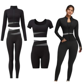ZiaWorld 4pcs Women Yoga Wear Workout Set with Zipper Long Sleeve Jacket Fitness Yoga Leggings Short Sleeves Top for Running Fitness Seamless Tracksuit (Black, M)