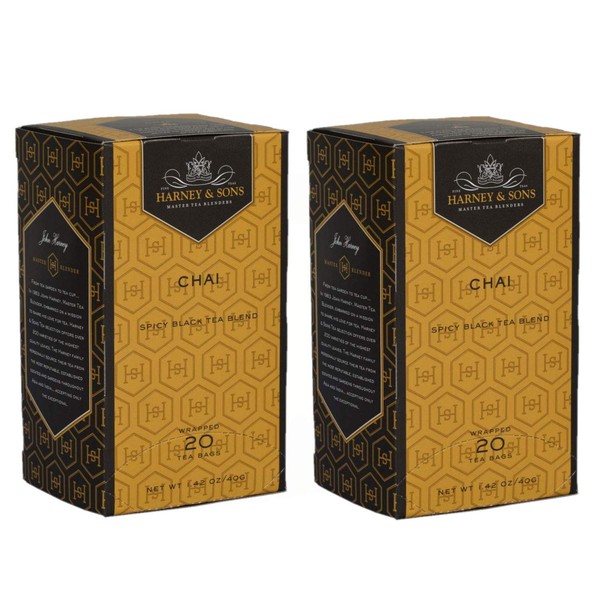 Harney & Son's Chai Tea Box of 20 Teabags Two Pack (40 Teabags) - Masali Chai Tea with Cardamom, Vanilla, and Zesty Spices - Spicy Black Chai Tea Blend - 20 Wrapped Tea Bags Per Box, 40 Total