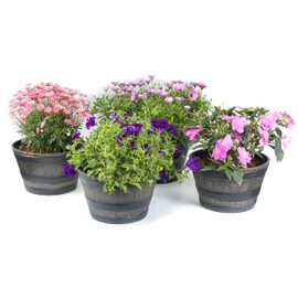 Gardenised V003696 Rustic Wood-Look Plastic Half Barrel Flower Pot Bucket Planter, Pack of 4, Black