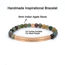 Inspirational Christian Bracelet for Women, Indian Agate Beaded Bible Verse Jewelry, 18K Gold Plated Religious Faith Gift, Scripture Encouragement Jewelry for Her (I can do all things through Christ who strengthens me-Indian Agate Rose Gold)