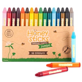 Honeysticks 100% Pure Beeswax Crayons - Jumbo Crayons for Toddlers, Kids - Non Toxic, Food Grade Colors, Sustainably Made in New Zealand - Large Size is Easy to Hold and Use - 16 Bright Colors