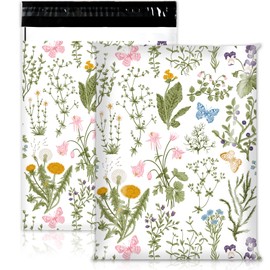 JarThenaAMCS 100Pcs Spring Poly Mailers 10 x 13 Inch Retro Wildflower Mailing Bags Green Wild Floral Self-Sealing Plastic Packaging Envelopes Bags for Small Business
