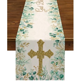 First Communion Decorations – Exceptional Linen Confirmation Decorations, Rustic Yet Durable Table Runner with Cross and Eucalyptus Design