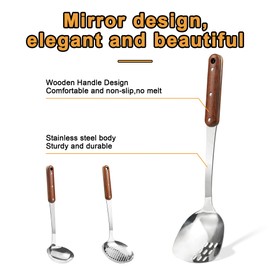 FJNATINH Stainless Steel Wok Spatula,Ladle,Skimmer Ladle Tool Set,Mirror Polished Cooking Utensils with Wooden Handle,Easy to Clean Wok Accessories,Sliver 3 PCS
