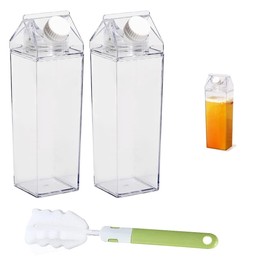 VicBou 2PCS Clear Milk Carton, 1 Sponge Cup Brush, Milk Carton Water Bottle, 500ml Transparent Plastic Bottle,Can be Reused,Milk, Water,Juice Container Bottle for Indoor and Outdoor Travel Activities