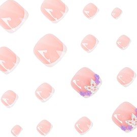 24 Pcs White French Press On Toenails YEFIUO Acrylic Pink Fake Toe Nails Press ons Nail Art with Flower Butterfly Charms Design Full Cover Glossy False Nails Glue on Toe Nails Stick on Nails for Ma'am