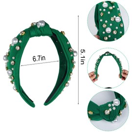 Headband Green White Pearl Crystal Jeweled Knotted Hairband for Women Outfits Carnival Christmas Mardi Gras St.Patrick's Day (green)
