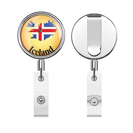 Iceland Map Flag Glossy Label Round ID Badge Key Card Tag Holder Badge Retractable Reel Badge Holder with Belt Clip