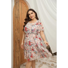 HBEYYTO Women Plus Size Dress Short Ruffle Sleeve Square Neck Chiffon Floral High Waist Flowy Maternity Dresses 2X Apricot