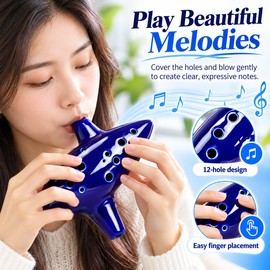 12 Hole Alto C Ceramic Ocarina – Handmade Blue Wind Musical Instrument with Song Book, Neck Lanyard & Storage Bag for Beginners