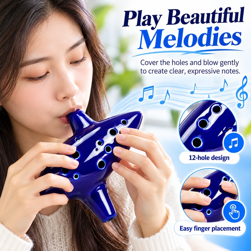 12 Hole Alto C Ceramic Ocarina – Handmade Blue Wind
