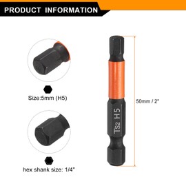 HARFINGTON 5pcs Hex Head Wrench Drill Bit 5mm(H5) Metric 1/4" Hex Shank 2"(50mm) Length S2 Steel Magnetic Impact Drivers Screwdriver Bit Hexagon Electric Drill Bits