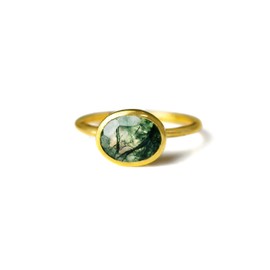 Oval Birthstone Ring Bezel Set in Vermeil Gold, Sterling Silver, or Rose Gold, Stacking Birthstone Ring [rOMB] (Moss Agate)