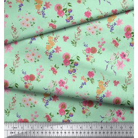 Soimoi 58 Inches Wide Floral Printed Cotton Fabric 60 GSM Dressmaking Material By The Meter - Aqua Blue