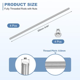 sourcing map 4Set M5-0.8x250mm Fully Threaded Rods, Threaded Rods Bar Studs with Nuts, 304 Stainless Steel Long Thread Screws Hardware for U-Bolts, Anchors, Clamps, Hangers, Silver