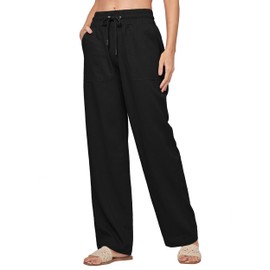 Willit Women Linen Pants Wide Leg Casual Palazzo Pants Cotton Linen Lounge Beach Summer Pants with Pockets 29" Black L