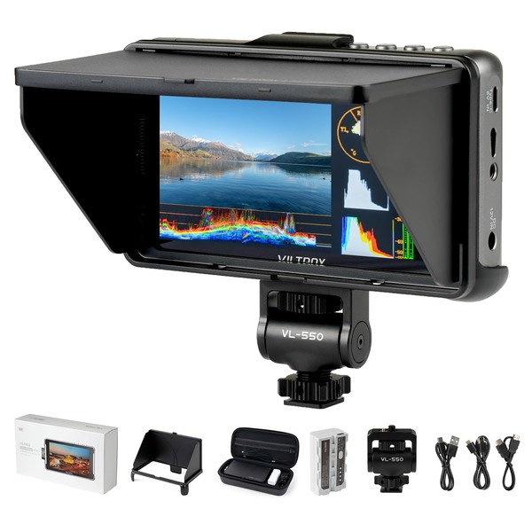 VILTROX 5.5 Inch 1200nits Camera Field Monitor 4K HDMI Portable Video Field Monitor Kit with RGB Parade Histogram Waveform Assist Focus Monitor 1920x1080 IPS with Battery Sunshade Hood(DC-550 Pro)