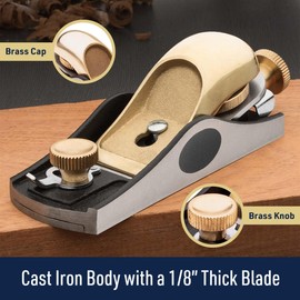 Low Angle Block Plane - Wood Planer Hand Tool with 1/8” Blade, Cast Iron Body, and Brass Knobs and Cap - Hand Planer for Woodworking with Adjustable Mouth for Thin Shavings by Kings County Tools