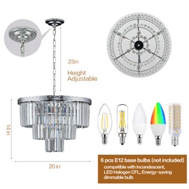 YOLIZUOT Chrome Crystal Chandelier 20" Modern Chandelier 3 Tiers 6 Lights Pendant Lighting Crystal Ceiling Light Round Chandelier for Dining Room Kitchen Island Living Room Entryway Bedroom Office