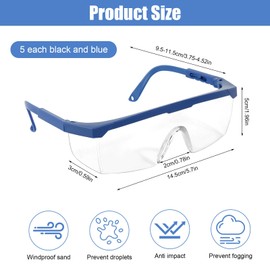 GOSHIES Safety Goggles Pack of 10 Work Safety Glasses Safety Glasses for Glasses Wearers with Adjustable Arms Work Safety Glasses Anti-Fog Anti-Spots Black + Blue