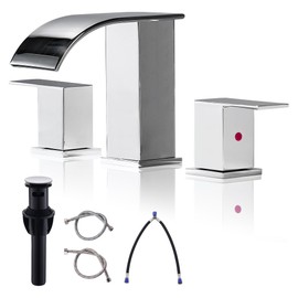BRAVEBAR Chrome Bathroom Faucet 3 Holes 8Inch Widespread Bathroom Sink Faucet Two Handles Lavatory Vanity Waterfall Sink Faucets with Pop-up Drain Assembly & Supply Lines