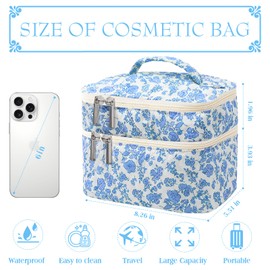 GEHORDEN Large Quilted Makeup Bag,Floral Coquette Aesthetic Toiletry Bag for Women Girls,Bilayer Travel Cosmetic Organizer Bag
