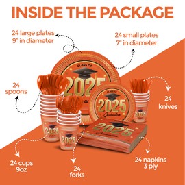 Graduation Decorations Class of 2025 Orange and Black - Complete Disposable Tableware Set for 24 Guests, Includes Paper Plates, Cups, Napkins, Cutlery - Perfect for Graduation class of 2025