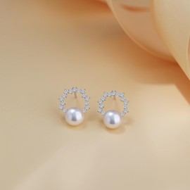 Orapearl Floral Stud Pearl Earrings for Women 6-7mm AAAAA Freshwater Pearls S925 Silver Jewelry Gifts for Wife Mom Girlfriend Her Wedding Birthday Anniversary