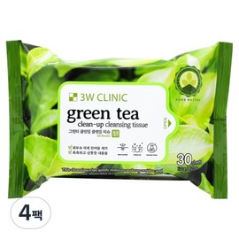 3W Clinic Green Tea Clean Up Cleansing Tissue 120g, 4 packs, 30 sheets / 3W클리닉 그린티 클린업 클렌징 티슈 120g, 4팩, 30매