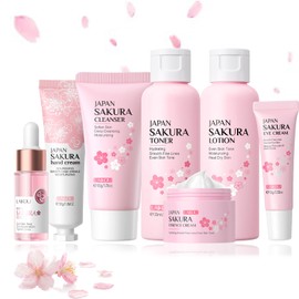 Sakura Skincare Set For Teenage Girls, Sakura Extract Skin Care Set, Skin Care Kit With Serum,Toner,Lotion,Eye Cream,Face Cream,Hand Cream,Cleanser, Gentle & Beauty Skincare 7PCS