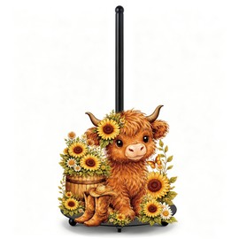Highland Cow Kitchen Decor, Cute Metal Highland Cow Sunflower Paper Towel Holder, Large Tissue Towel Holder Stand for Countertop Kitchen Bathroom Home