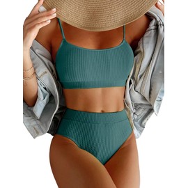 Lilosy - Conjunto de traje de baño brasileño de cintura alta con control de abdomen y parte superior acanalada, 2 piezas, Turquesa, L
