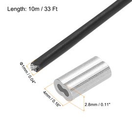 sourcing map 33Ft(10m) Wire Rope 304 Stainless Steel Cable 3/64"(1mm) Vinyl Coated with 4Pcs Aluminum Sleeves for Hanging, Clotheslines, Lifting Black