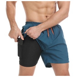JustSun Men's Quick-Drying Board Shorts with Mesh Lining and Adjustable Drawstring, Peacock Blue 01
