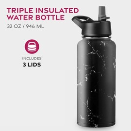 FineDine Triple Walled, Insulated Water Bottles with Straw - 32 Oz Stainless Steel Metal Bottle W/ 3 Leak Proof Lids - For Travel, School, Sports, Gym/Men, Women & Kids - Polished Raven Marble
