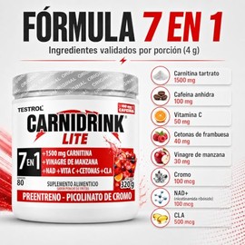 Pre Entreno en Polvo con L-Carnitina TESTROL Carnidrink Lite 7 en 1, 1500 mg de Carnitina Tartrato y 100 mg de Cafeína, 0 Azúcar, 80 Porciones, Sabor 