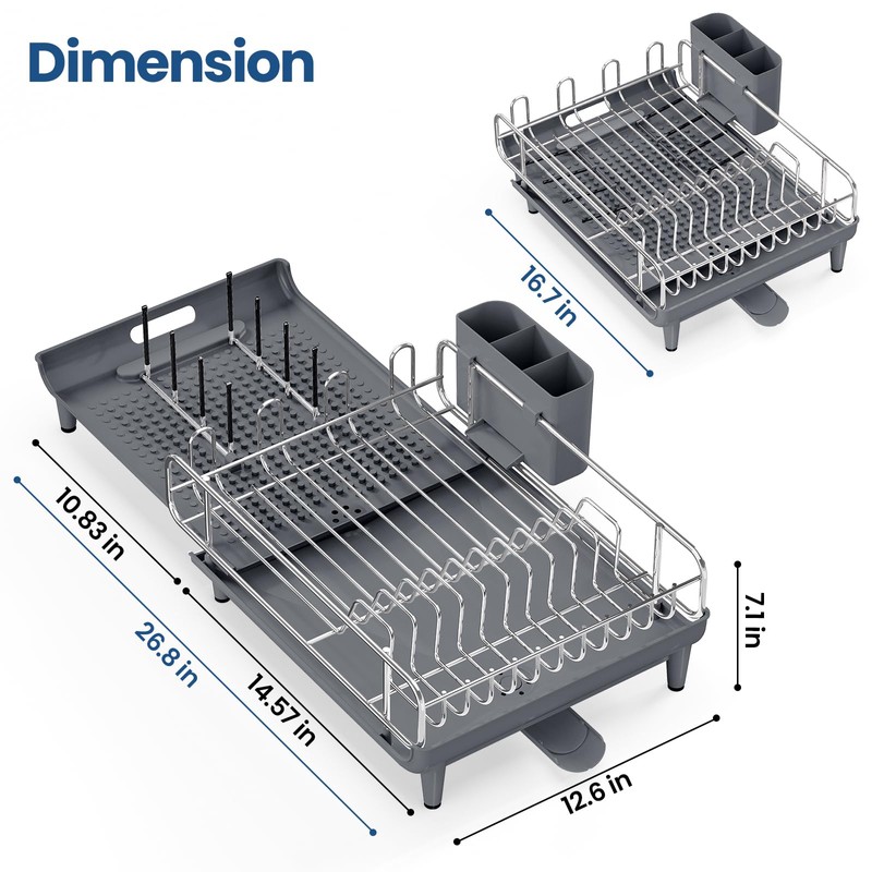 NTD Expandable Dish Drying Rack for Kitchen Counter, 16.7"-26.8", Gray